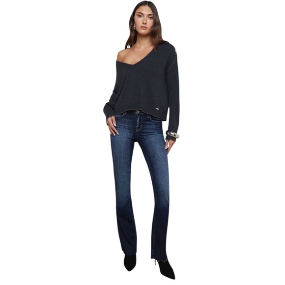 L'agence Metallic Defina Sweater Size M Gray V-Neck Minimal Holiday Festive Wool - Picture 1 of 15